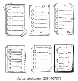 Document note list. Sketch checklist file. Doodle clipboard page, business paper test. Office checkbox questionnaire