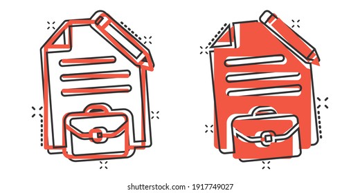 Document note with pen icon in comic style. Paper sheet pencil and briefcase cartoon vector illustration on white background. Notepad document splash effect business concept.