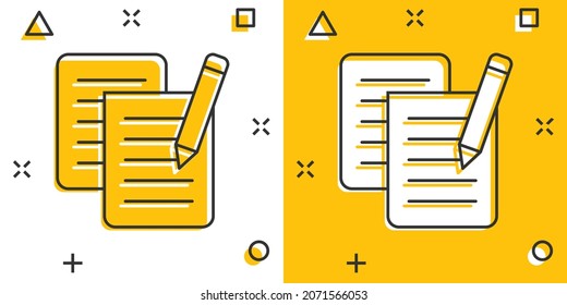 Document note with pen icon in comic style. Paper sheet pencil cartoon vector illustration on white background. Notepad document splash effect business concept.