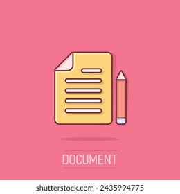 Document note with pen icon in comic style. Paper sheet pencil cartoon vector illustration on isolated background. Notepad document splash effect business concept.