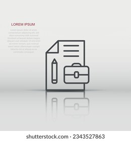 Document note with pen icon in flat style. Paper sheet pencil and briefcase vector illustration on white background. Notepad document business concept.