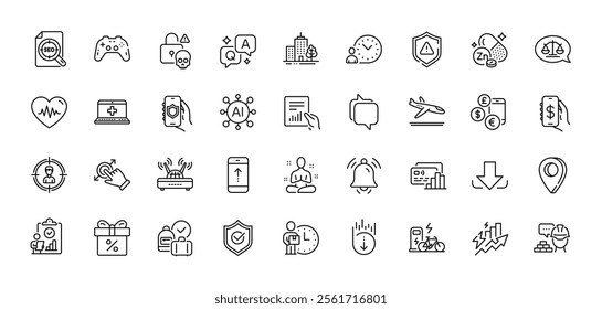 Document, Notification bell and Gamepad line icons pack. AI, Question and Answer, Map pin icons. Arrivals plane, Money app, Security app web icon. Vector