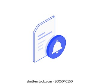 Document notification, doc alert, notify bell, a4 list, file isometric illustrate 3d vector icon. Modern creative design illustration in flat line style.