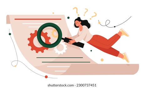 Document observation concept. Woman with magnifying glass analyzes text on sheet of gears. Inspector, businesswoman or entrepreneur with loupe. Cartoon flat vector illustration
