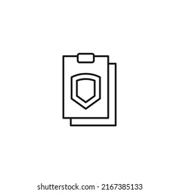 Document, office, contract and agreement concept. Monochrome vector sign drawn in flat style. Vector line icon of armor or shield on clipboard 