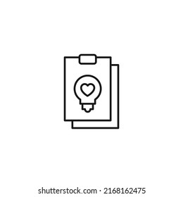 Document, office, contract and agreement concept. Monochrome vector sign drawn in flat style. Vector line icon of heart inside of light bulb on clipboard 