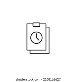 Konzept des Dokuments, des Büros, des Vertrags und der Vereinbarung. Einfarbiges Vektorzeichen, flach gezeichnet. Vektorliniensymbol der Uhr auf der Zwischenablage 