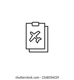 Document, office, contract and agreement concept. Monochrome vector sign drawn in flat style. Vector line icon of flying airplane on clipboard 