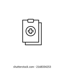 Document, office, contract and agreement concept. Monochrome vector sign drawn in flat style. Vector line icon of medical cross on clipboard 