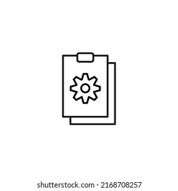 Concepto de documento, oficina, contrato y acuerdo. Signo vectorial monocromo dibujado en estilo plano. Icono de línea del vector de la rueda cognitiva o del engranaje en el portapapeles 