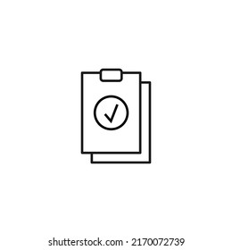 Document, office, contract and agreement concept. Monochrome vector sign drawn in flat style. Vector line icon of checkmark on clipboard 
