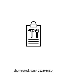Documento en el signo del portapapeles. Símbolo de contorno vectorial en estilo plano. Adecuado para sitios web, banners, libros, anuncios, etc. Icono de línea de llave y martillo en el portapapeles 
