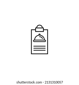 Document on clipboard sign. Vector outline symbol in flat style. Suitable for web sites, banners, books, advertisements etc. Line icon of bowl with cloche on clipboard 