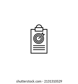 Document on clipboard sign. Vector outline symbol in flat style. Suitable for web sites, banners, books, advertisements etc. Line icon of arrow in target on clipboard 