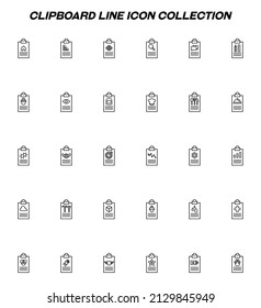 Documento en las señales del portapapeles. Símbolos de contorno de vectores en estilo plano. Juego de iconos de línea con íconos de casa, lupa, pared, utensilios de cocina, sombrero de chefs, ojo, etc en el portapapeles