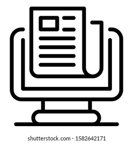 Document on the monitor icon. Outline document on the monitor vector icon for web design isolated on white background