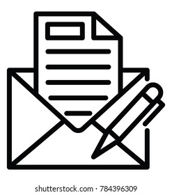 A document from open envelope with pencil, correspondence concept line icon