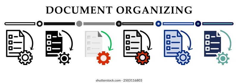 Document organizing icon collection. 6 Various style icons. For sign, symbol, element, presentation, infographic or web graphics. Vector Illustration.