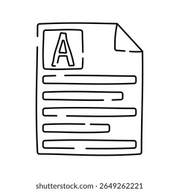 Document A Outline Doodle style, sheet of paper with large A indicating document writing, proofreading, or content writing roles, perfect for editorial designs.