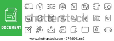 Document outline icon set featuring file management, contract, signature, approval, digital storage, editable stroke vector design for business office.
