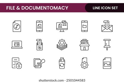 Document outline icons. Document icon set. Set of outline icons related to document, files, message, security. Linear icon collection.