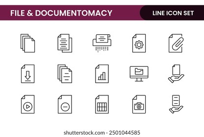 Document outline icons. Document icon set. Set of outline icons related to document, files, message, security. Linear icon collection.