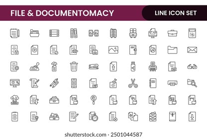 Document outline icons. Document icon set. Set of outline icons related to document, files, message, security. Linear icon collection.