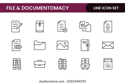 Document outline icons. Document icon set. Set of outline icons related to document, files, message, security. Linear icon collection.