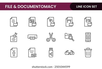 Document outline icons. Document icon set. Set of outline icons related to document, files, message, security. Linear icon collection.