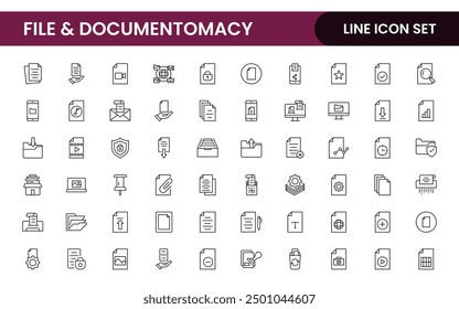 Document outline icons. Document icon set. Set of outline icons related to document, files, message, security. Linear icon collection.