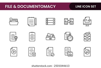 Document outline icons. Document icon set. Set of outline icons related to document, files, message, security. Linear icon collection.
