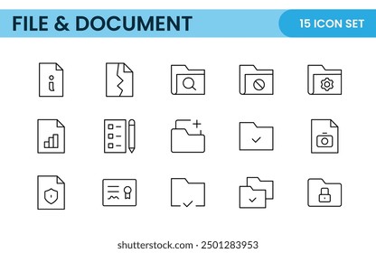 Iconos de esquema de documento. Conjunto de iconos de documento. Conjunto de iconos de esquema relacionados con documentos, archivos, mensajes, seguridad. Colección de iconos lineales.