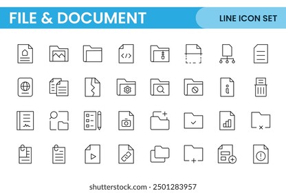 Document outline icons. Document icon set. Set of outline icons related to document, files, message, security. Linear icon collection.