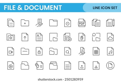 Symbole für Dokumentgliederung. Symbolsatz für Dokumente. Satz von Gliederungssymbolen, die sich auf Dokument, Dateien, Nachricht, Sicherheit beziehen. Lineare Symbolsammlung.