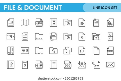 Document outline icons. Document icon set. Set of outline icons related to document, files, message, security. Linear icon collection.