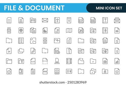 Document outline icons. Document icon set. Set of outline icons related to document, files, message, security. Linear icon collection.