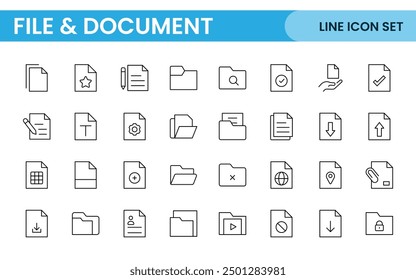 Document outline icons. Document icon set. Set of outline icons related to document, files, message, security. Linear icon collection.