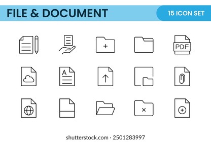 Document outline icons. Document icon set. Set of outline icons related to document, files, message, security. Linear icon collection.