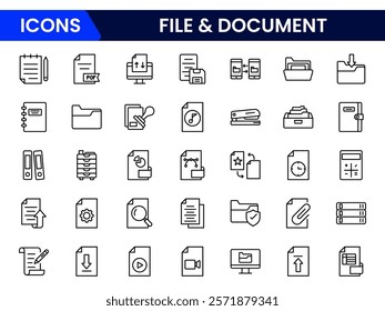 Document outline icons. Document icon set. Set of outline icons related to document, files, message, security. Linear icon collection. 