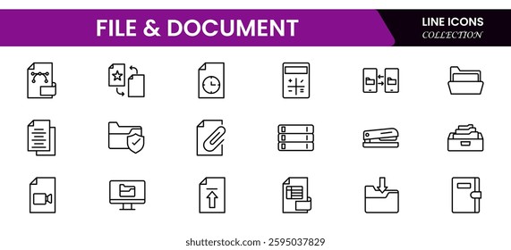 Document outline icons. Document icon set. Set of outline icons related to document, files, message, security. Linear icon collection. 