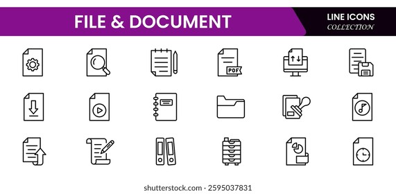 Document outline icons. Document icon set. Set of outline icons related to document, files, message, security. Linear icon collection. 