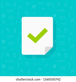 Document page with checkmark or tick vector icon, flat cartoon check mark symbol on paper sheet symbol or pictogram isolated, idea or correct choice or vote sign, approved exam or done test 