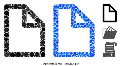 Document page mosaic of small circles in various sizes and color tints, based on document page icon. Vector random circles are united into blue mosaic.