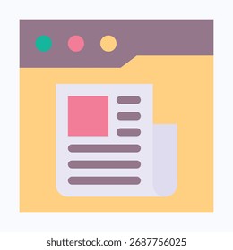 Document Page, Newspaper Icon Inside Web Window, Isolated Vector Flat Style Icon. 