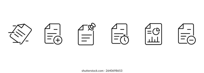 Document page paper data add pin report time chart delete icon vector illustration for office business analysis file management.