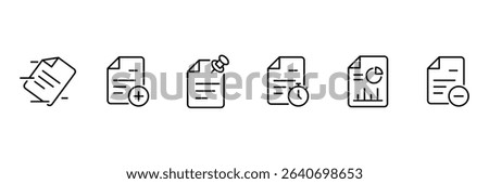 Document page paper data add pin report time chart delete icon vector illustration for office business analysis file management.