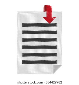 document pages with download arrow icon over white background. colorful and sketch desing. vector illustration