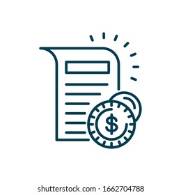 document pages and money coins icon over white background, line style, vector illustration