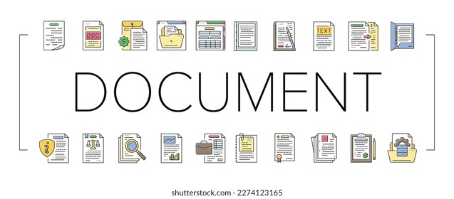 los iconos de la página de negocios del archivo de documento establecen el vector. web de contrato, oficina de notas, copia de formulario, lápiz de mensajes, contrato en blanco, documentos de escritura en internet archivo de documentos de negocios ilustraciones de línea de color de página