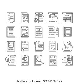 los iconos de la página de negocios del archivo de documento establecen el vector. web de contrato, oficina de notas, copia de formulario, lápiz de mensajes, contrato en blanco, papel de escritura en Internet archivo de documentos página de negocios ilustraciones de contorno negro